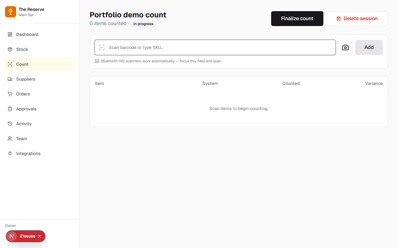 Bar Stock Room count session, barcode scan UI with demo data
